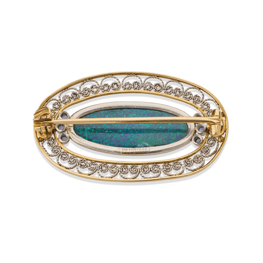 Tiffany & Co. Edwardian Platinum & 18KT Yellow Gold Opal & Sapphire Brooch back