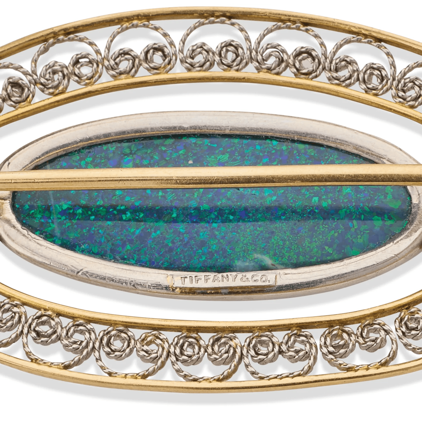 Tiffany & Co. Edwardian Platinum & 18KT Yellow Gold Opal & Sapphire Brooch signature