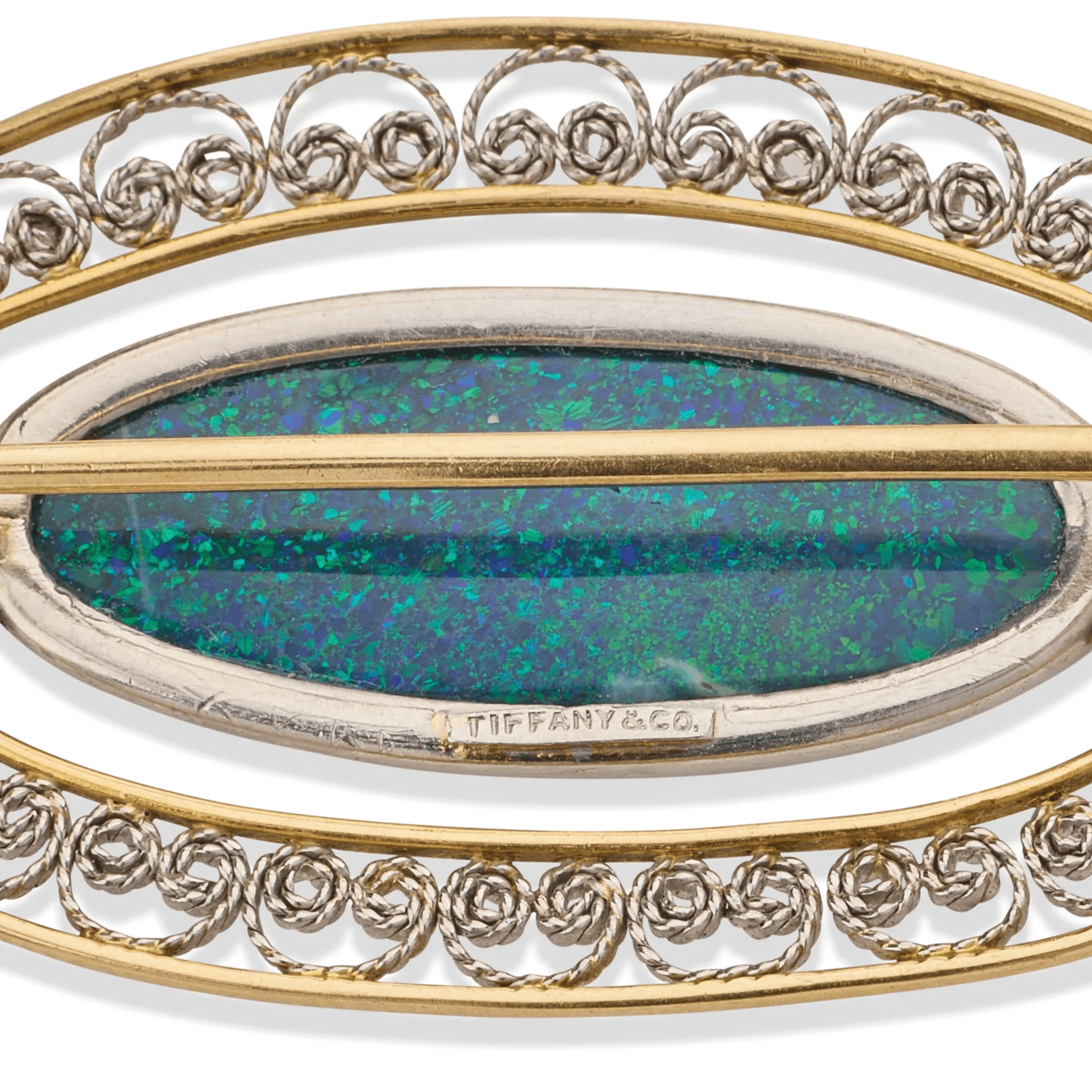 Tiffany & Co. Edwardian Platinum & 18KT Yellow Gold Opal & Sapphire Brooch signature