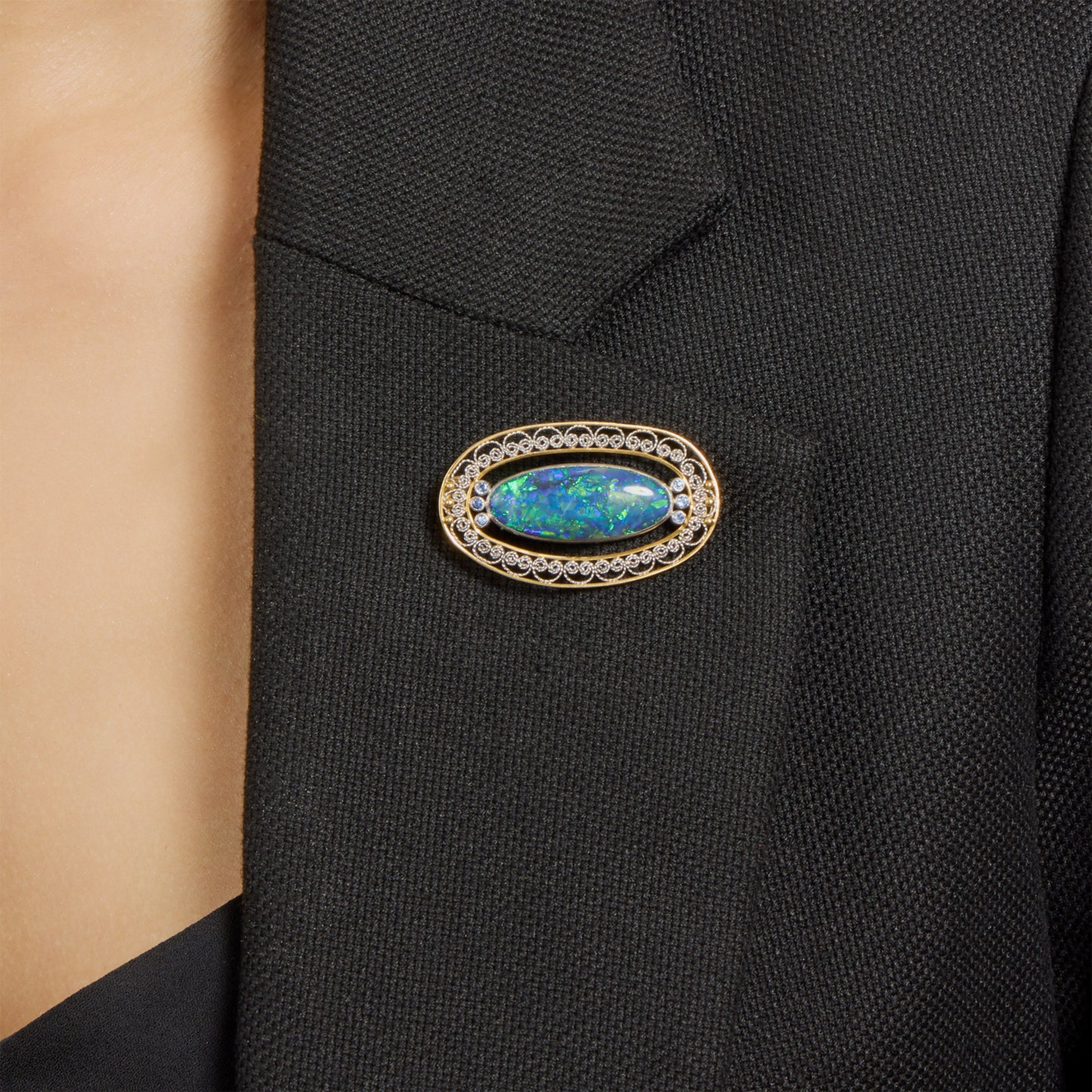 Tiffany & Co. Edwardian Platinum & 18KT Yellow Gold Opal & Sapphire Brooch on lapel