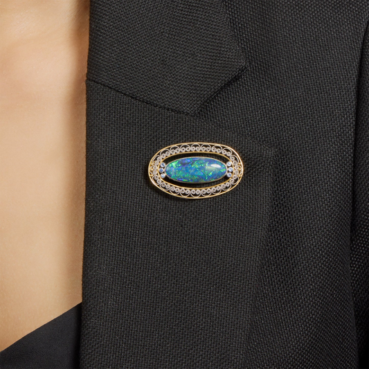 Tiffany & Co. Edwardian Platinum & 18KT Yellow Gold Opal & Sapphire Brooch on lapel