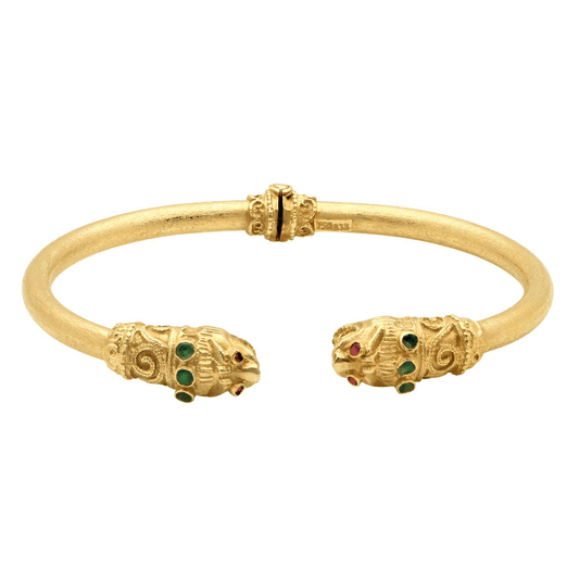 Post-1980s 18KT Yellow Gold Emerald & Ruby Lion Bracelet front