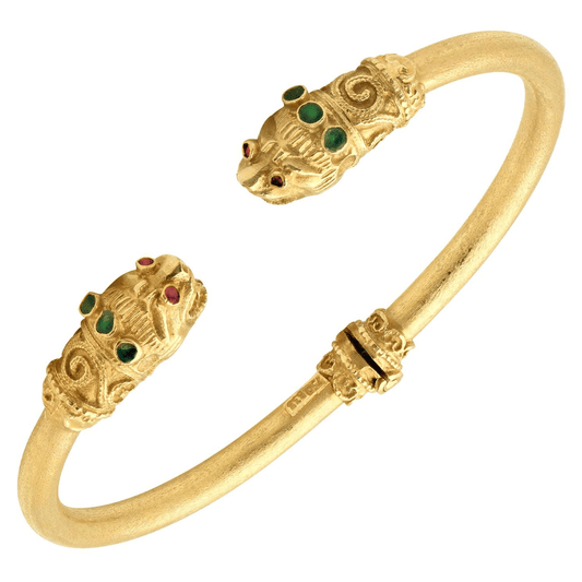Post-1980s 18KT Yellow Gold Emerald & Ruby Lion Bracelet front
