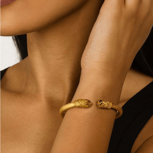 Post-1980s 18KT Yellow Gold Emerald & Ruby Lion Bracelet on wrist