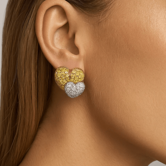 Salvetti Post-1980s 18KT White & Yellow Gold Diamond Heart Earrings on ear