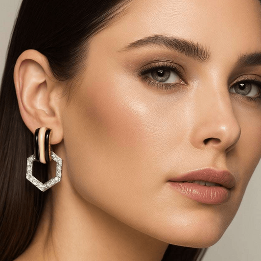 David Webb 1980s Platinum & 18KT Yellow Gold Diamond & Enamel Earrings on ear