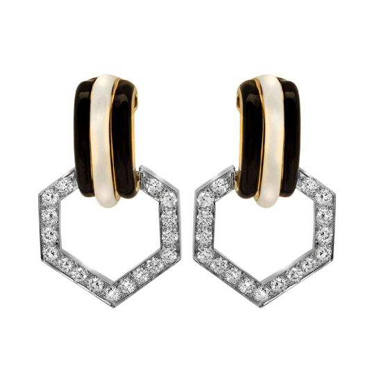David Webb 1980s Platinum & 18KT Yellow Gold Diamond & Enamel Earrings front