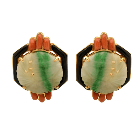 Post-1980s 18KT Yellow Gold Jade, Coral & Onyx Earrings front