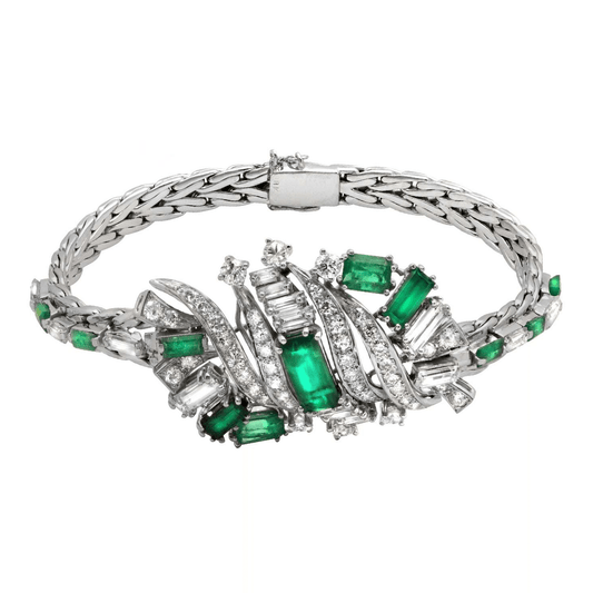 Post-1980s 18KT White Gold Emerald & Diamond Bracelet front