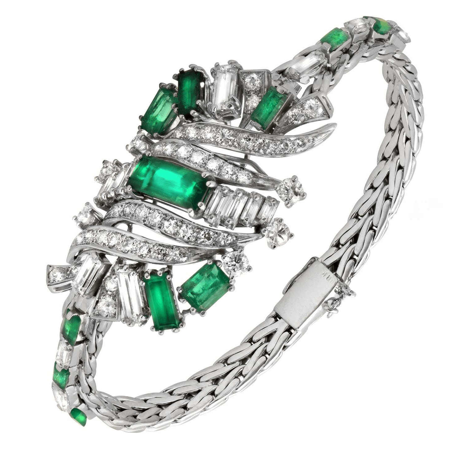 Post-1980s 18KT White Gold Emerald & Diamond Bracelet front
