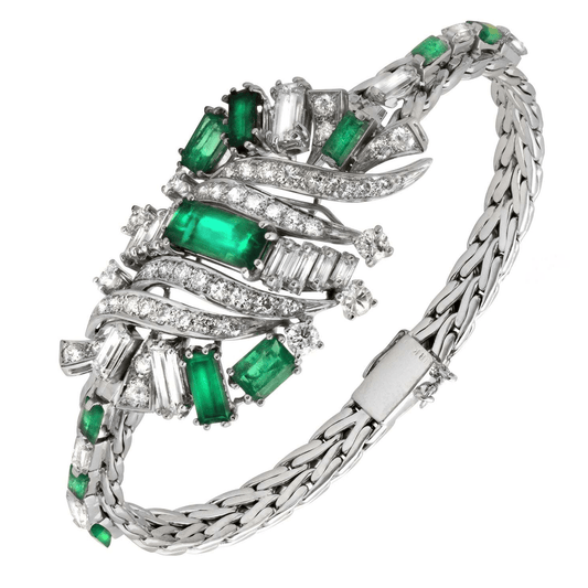 Post-1980s 18KT White Gold Emerald & Diamond Bracelet front