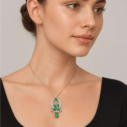 Lawrence Graff Post-1980s Platinum & 18KT White Gold Emerald & Diamond Necklace on neck