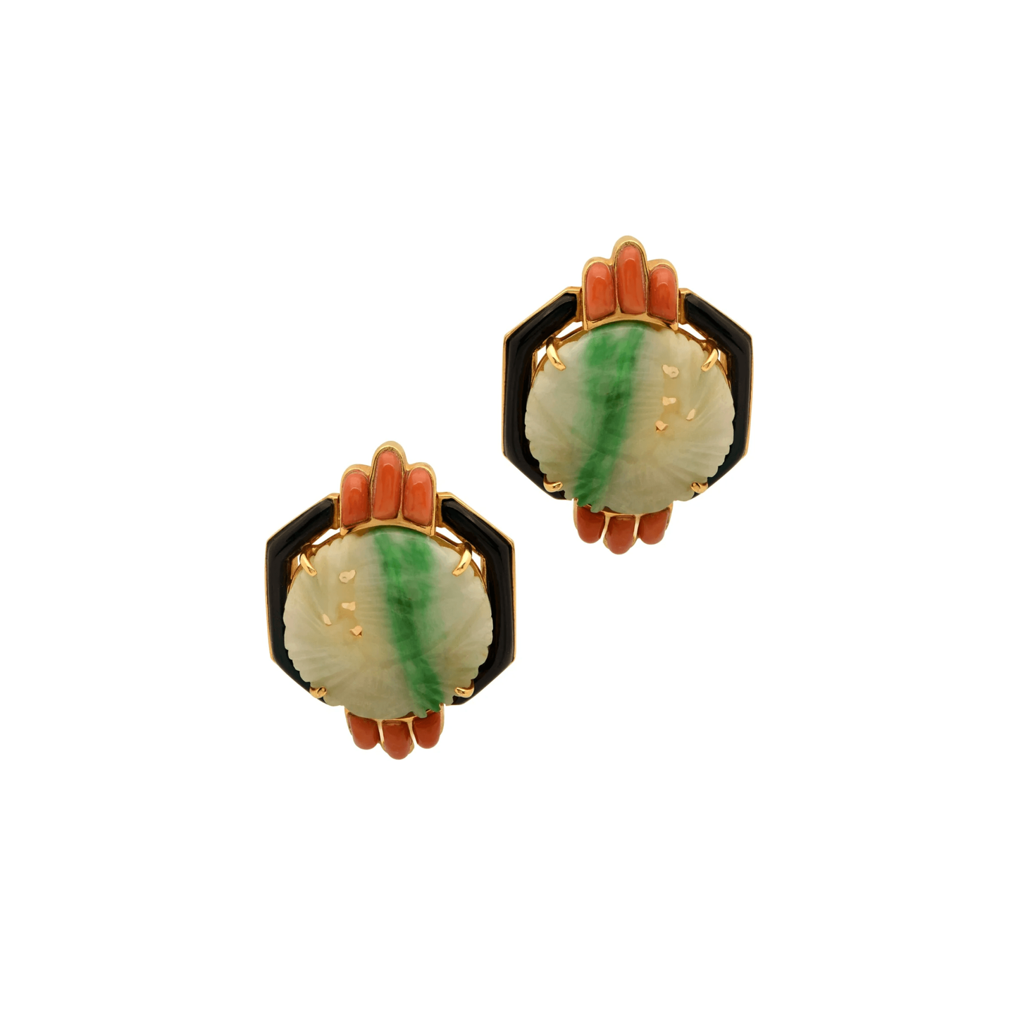 Post-1980s 18KT Yellow Gold Jade, Coral & Onyx Earrings front
