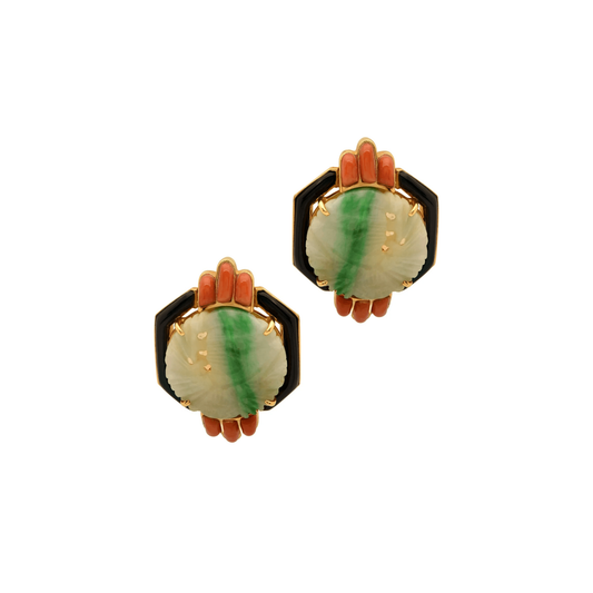 Post-1980s 18KT Yellow Gold Jade, Coral & Onyx Earrings front