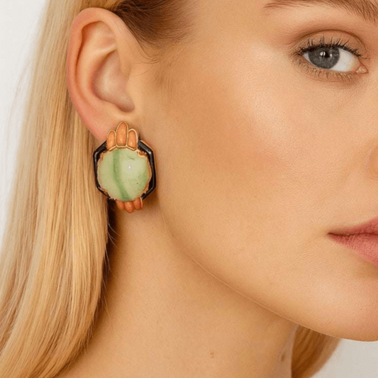 Post-1980s 18KT Yellow Gold Jade, Coral & Onyx Earrings on ear