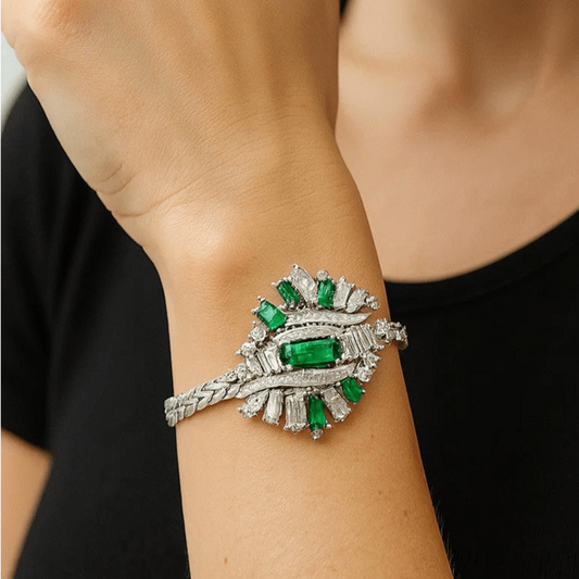 Post-1980s 18KT White Gold Emerald & Diamond Bracelet on wrist