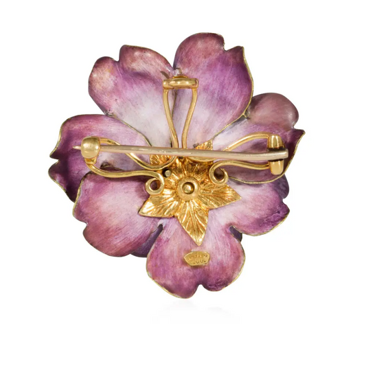 Tiffany & Co. Art Nouveau 14KT Yellow Gold Enamel & Diamond Russian Violet Brooch back