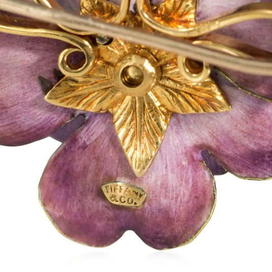 Tiffany & Co. Art Nouveau 14KT Yellow Gold Enamel & Diamond Russian Violet Brooch signature