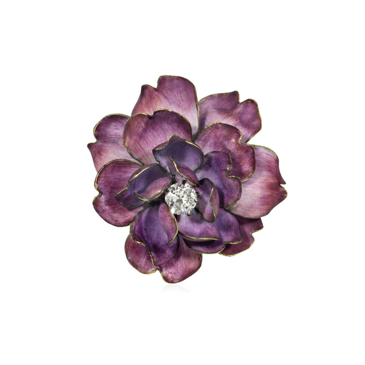 Tiffany & Co. Art Nouveau 14KT Yellow Gold Enamel & Diamond Russian Violet Brooch front