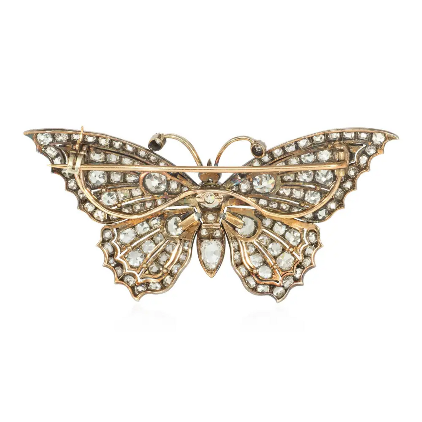 Victorian Silver & 14KT Yellow Gold Diamond Butterfly Brooch back