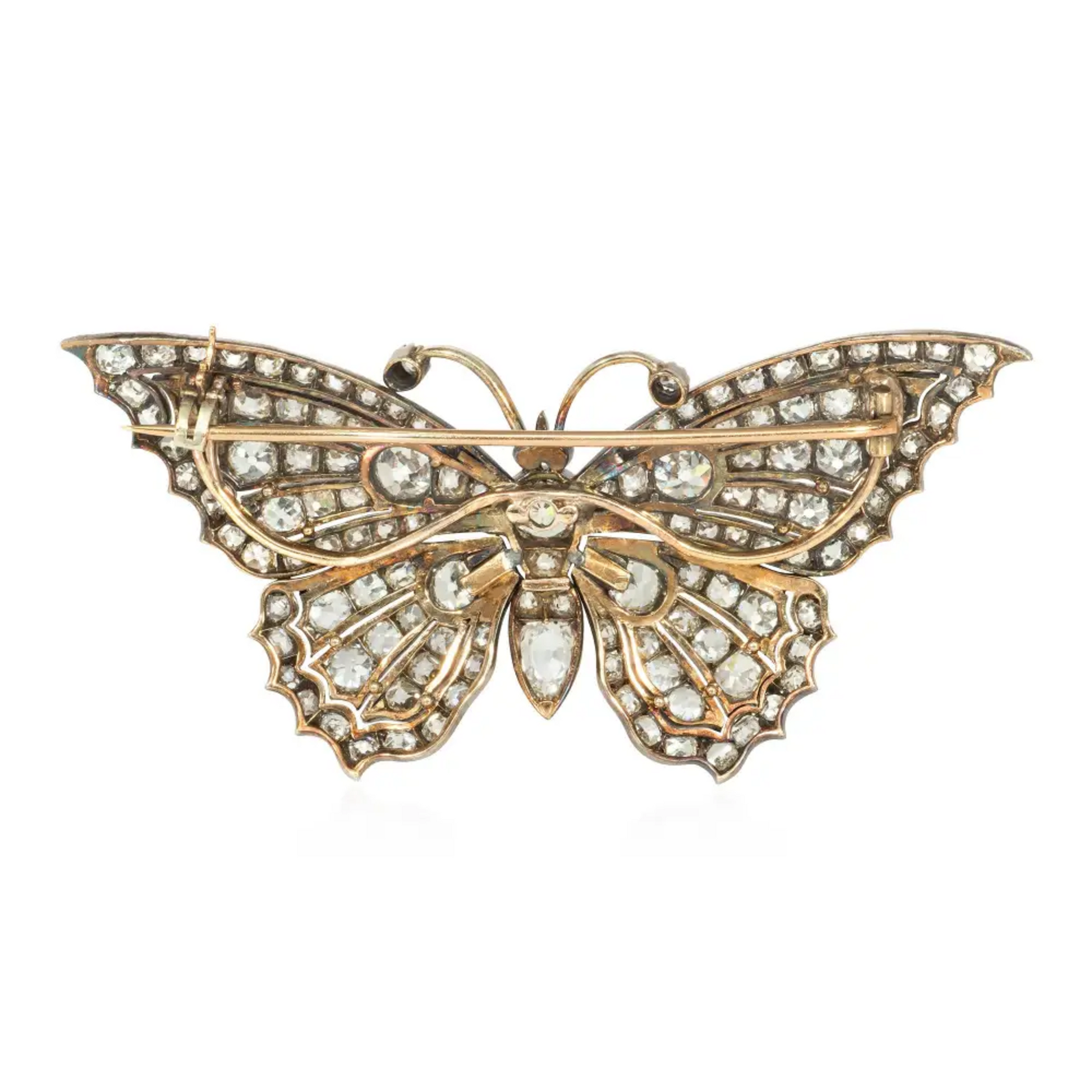 Victorian Silver & 14KT Yellow Gold Diamond Butterfly Brooch back