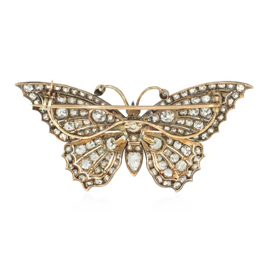 Victorian Silver & 14KT Yellow Gold Diamond Butterfly Brooch back