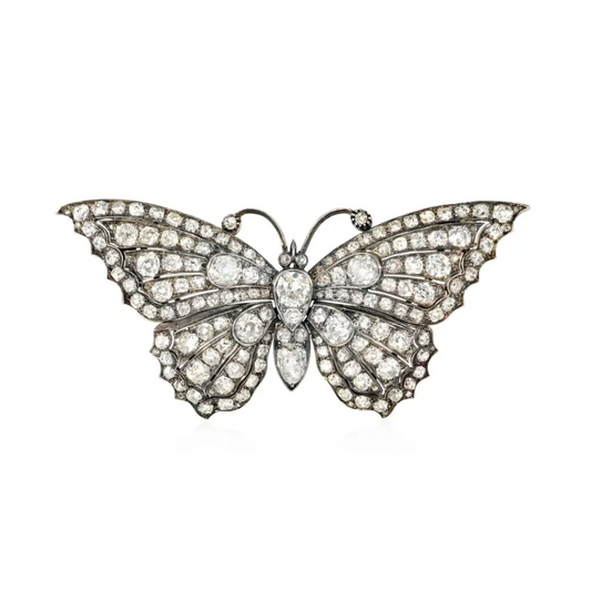Victorian Silver & 14KT Yellow Gold Diamond Butterfly Brooch front