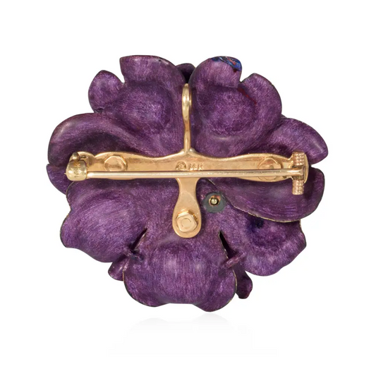 Browkaw and Sons Edwardian 14KT Yellow Gold Enamel & Diamond Russian Violet Brooch back