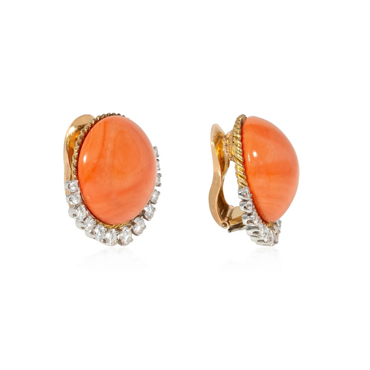 Van Cleef & Arpels France 1950s 18KT Yellow Gold Coral & Diamond Earrings side
