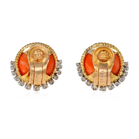 Van Cleef & Arpels France 1950s 18KT Yellow Gold Coral & Diamond Earrings back
