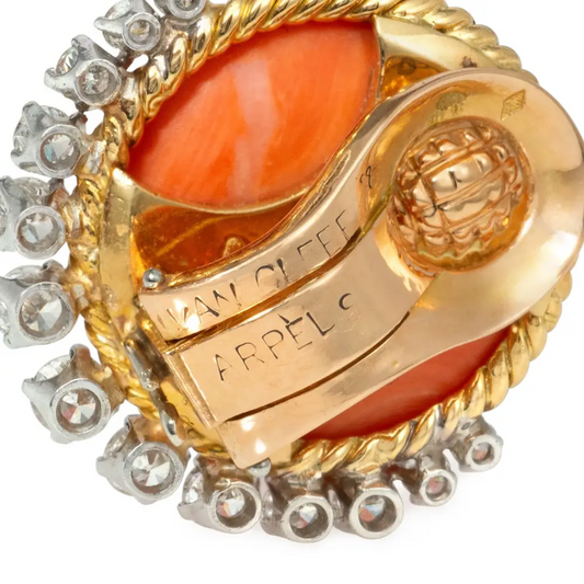 Van Cleef & Arpels France 1950s 18KT Yellow Gold Coral & Diamond Earrings signature