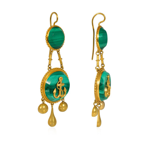 French Victorian 18KT Yellow Gold Malachite Earrings side