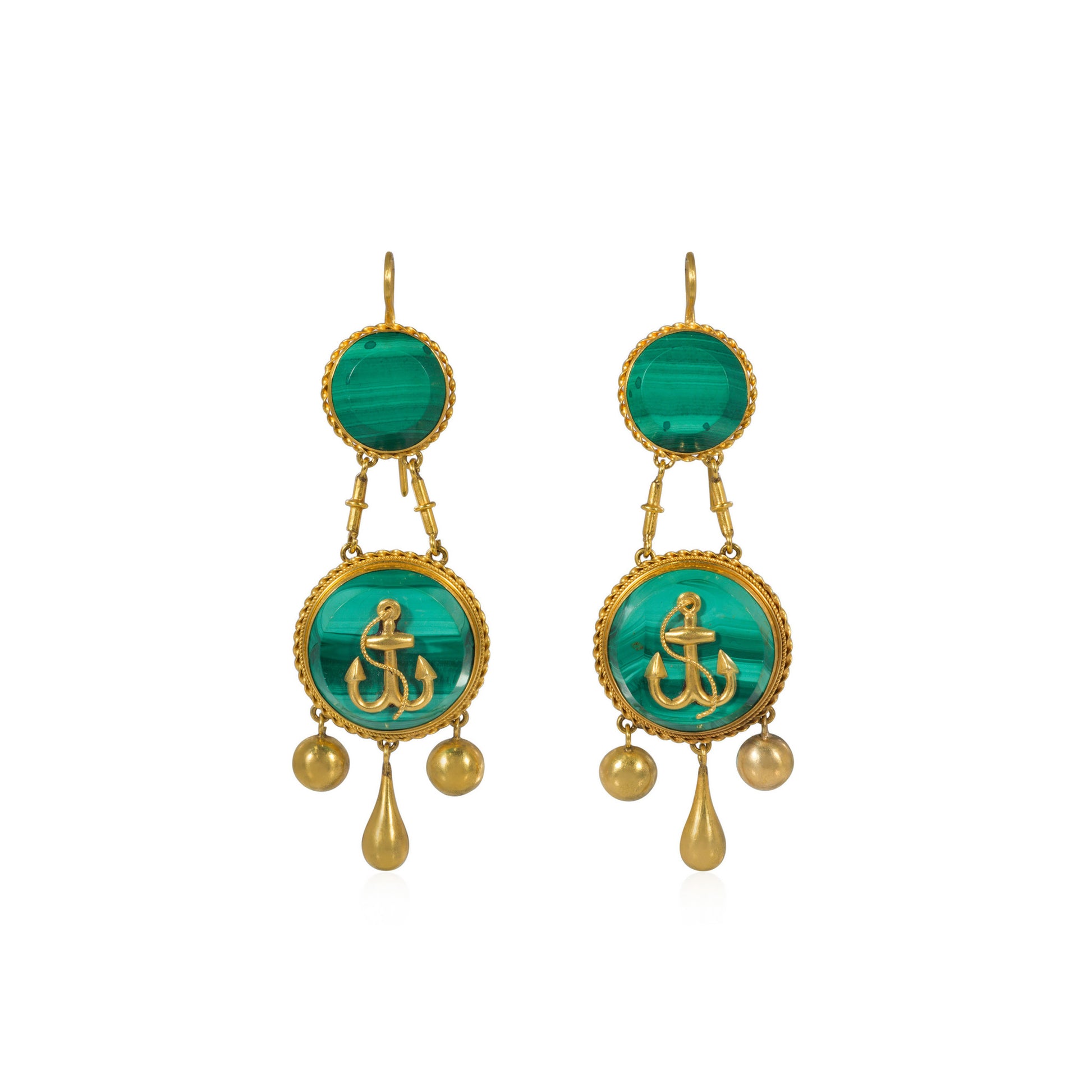 French Victorian 18KT Yellow Gold Malachite Earrings front