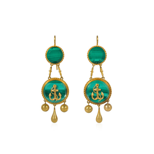 French Victorian 18KT Yellow Gold Malachite Earrings front