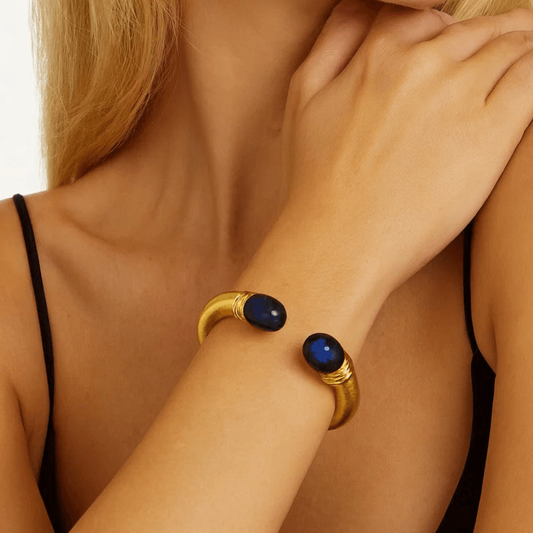 Ilias Lalaounis 1980s 18KT Yellow Gold Sodalite Bracelet on wrist