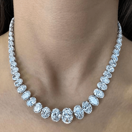 Contemporary Platinum Diamond Riviera Necklace on neck