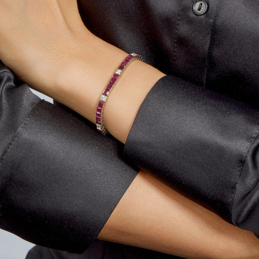 1950s Platinum Ruby & Diamond Bracelet on wrist