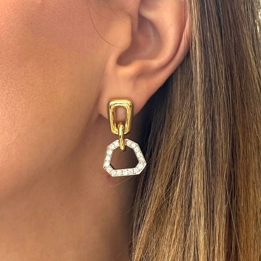 1970s Platinum & 18KT Yellow Gold Diamond Earrings on ear