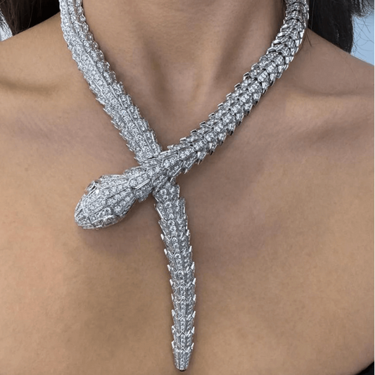 Bulgari Post-1980s 18KT White Gold Diamond Serpenti Necklace on neck