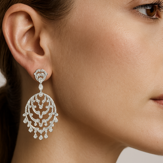 Cartier Post-1980s Platinum Diamond Chandelier Ronde Earrings on ear