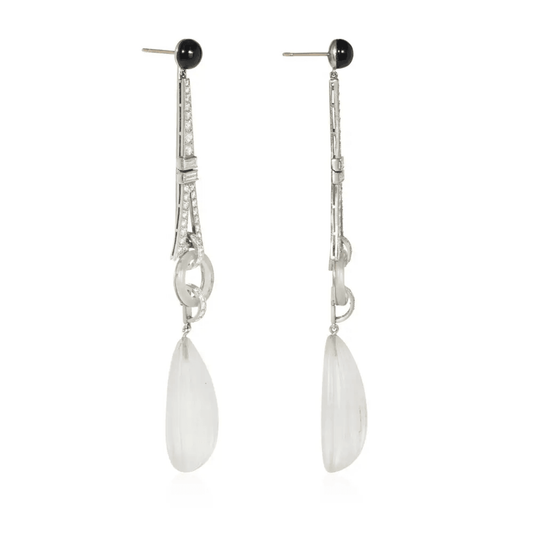 Art Deco Platinum Rock Crystal, Diamond & Onyx Earrings side