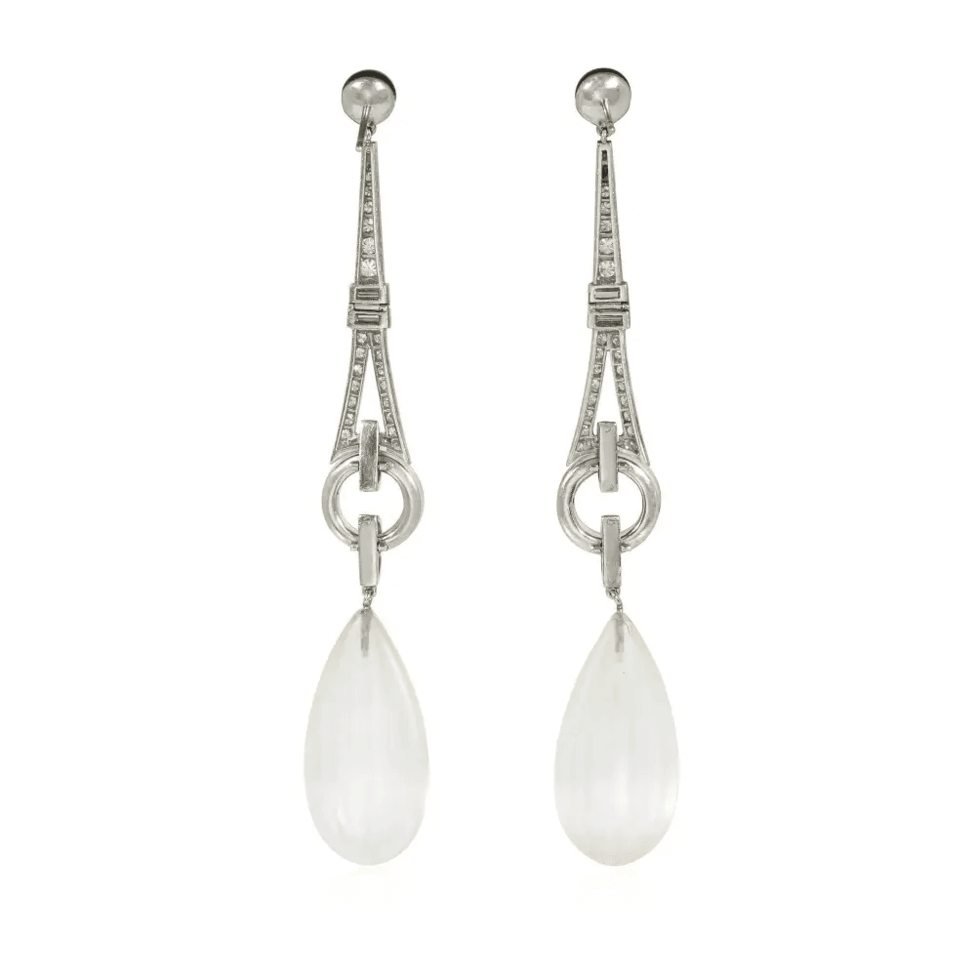 Art Deco Platinum Rock Crystal, Diamond & Onyx Earrings back