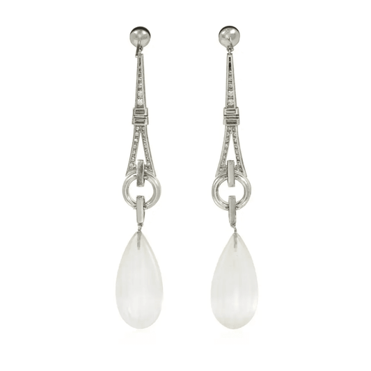 Art Deco Platinum Rock Crystal, Diamond & Onyx Earrings back