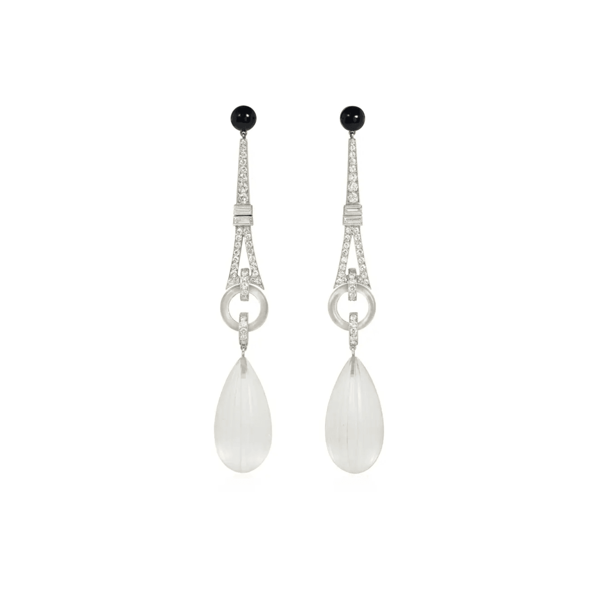Art Deco Platinum Rock Crystal, Diamond & Onyx Earrings front