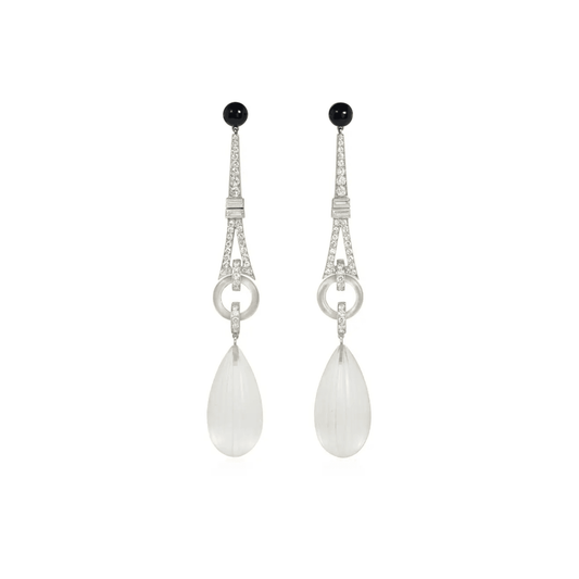 Art Deco Platinum Rock Crystal, Diamond & Onyx Earrings front