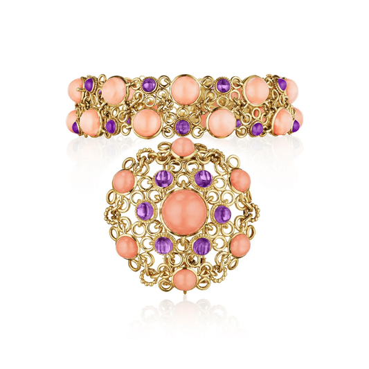 Van Cleef & Arpels France 1970s 18KT Yellow Gold Amethyst & Coral Résille Suite front