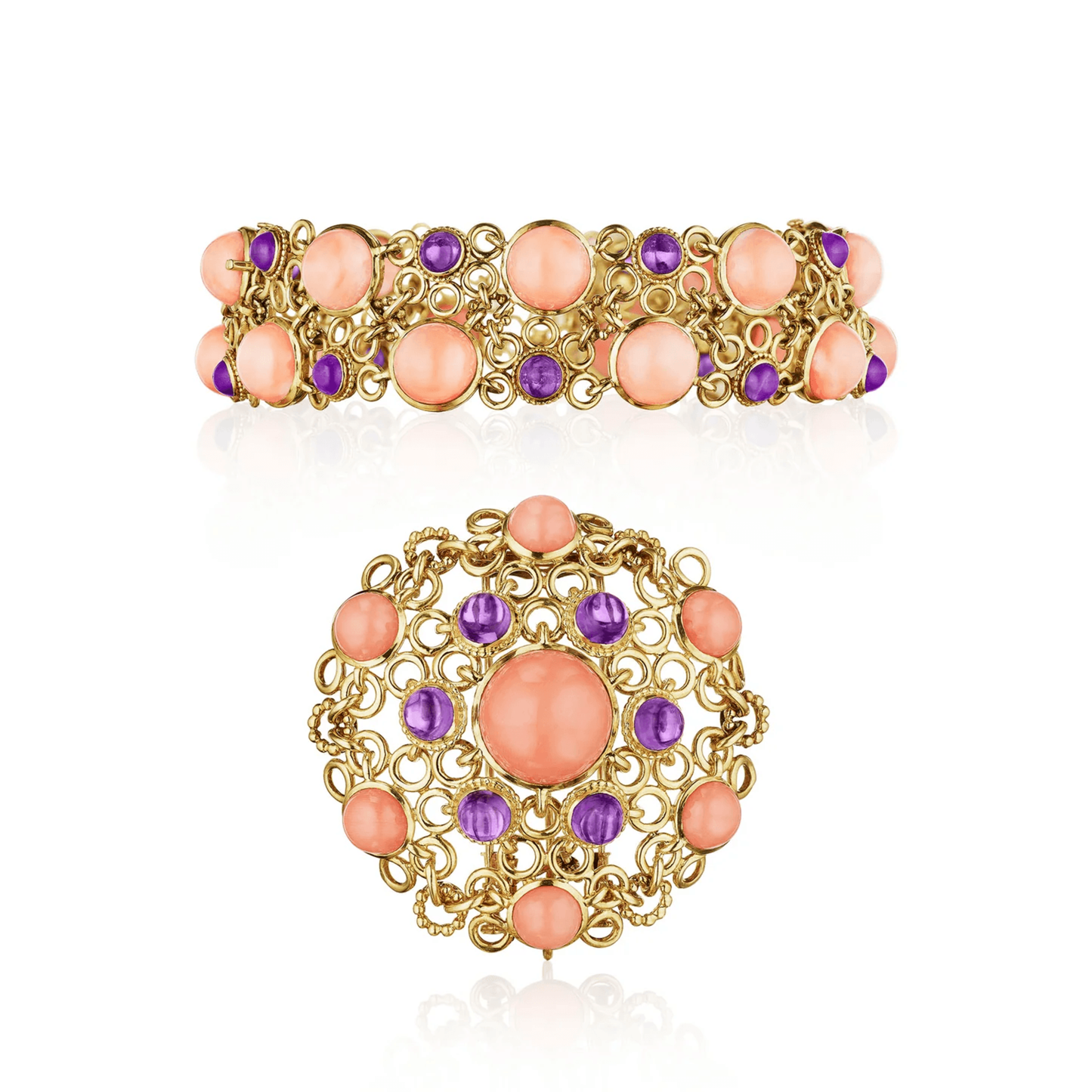Van Cleef & Arpels France 1970s 18KT Yellow Gold Amethyst & Coral Résille Suite front