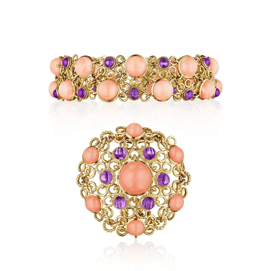 Van Cleef & Arpels France 1970s 18KT Yellow Gold Amethyst & Coral Résille Suite front