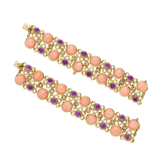 Van Cleef & Arpels France 1970s 18KT Yellow Gold Amethyst & Coral Résille Suite bracelets