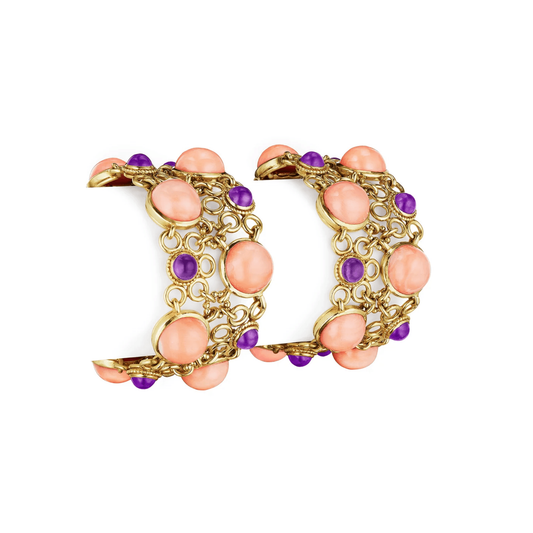 Van Cleef & Arpels France 1970s 18KT Yellow Gold Amethyst & Coral Résille Suite bracelets